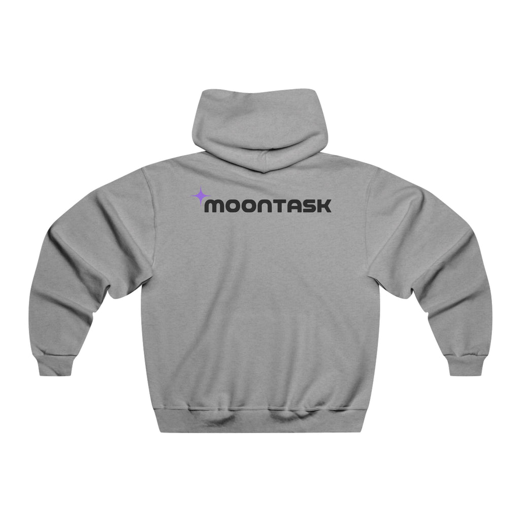 Moontask logo hoodie | Grey pullover sweatshirt, small chest emblem, back text design