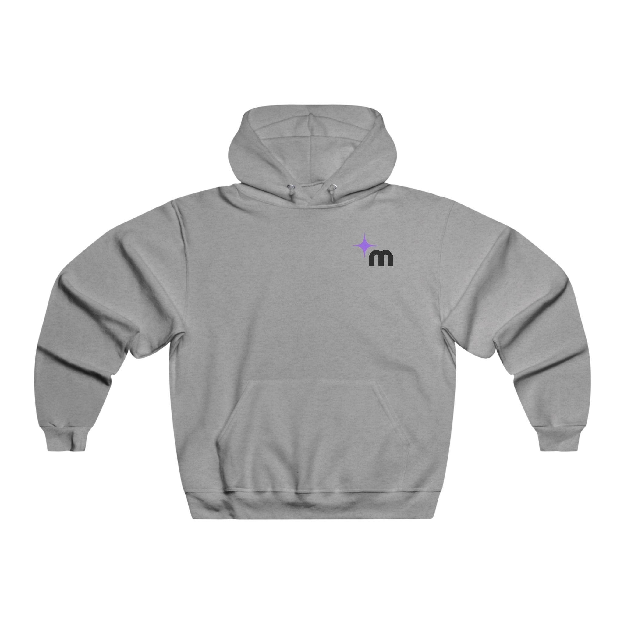 Moontask logo hoodie | Grey pullover sweatshirt, small chest emblem, back text design