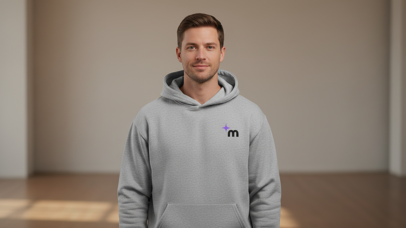 Moontask logo hoodie | Grey pullover sweatshirt, small chest emblem, back text design