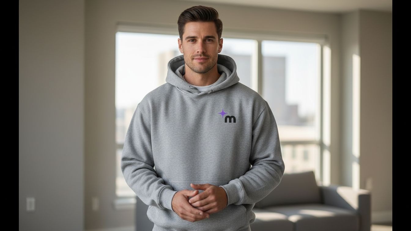 Moontask logo hoodie | Grey pullover sweatshirt, small chest emblem, back text design