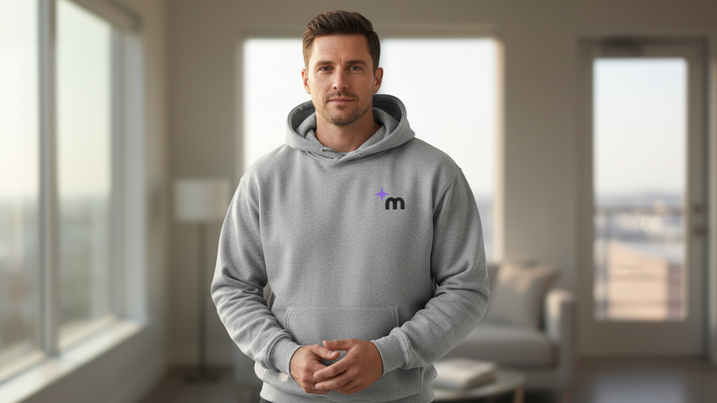 Moontask logo hoodie | Grey pullover sweatshirt, small chest emblem, back text design