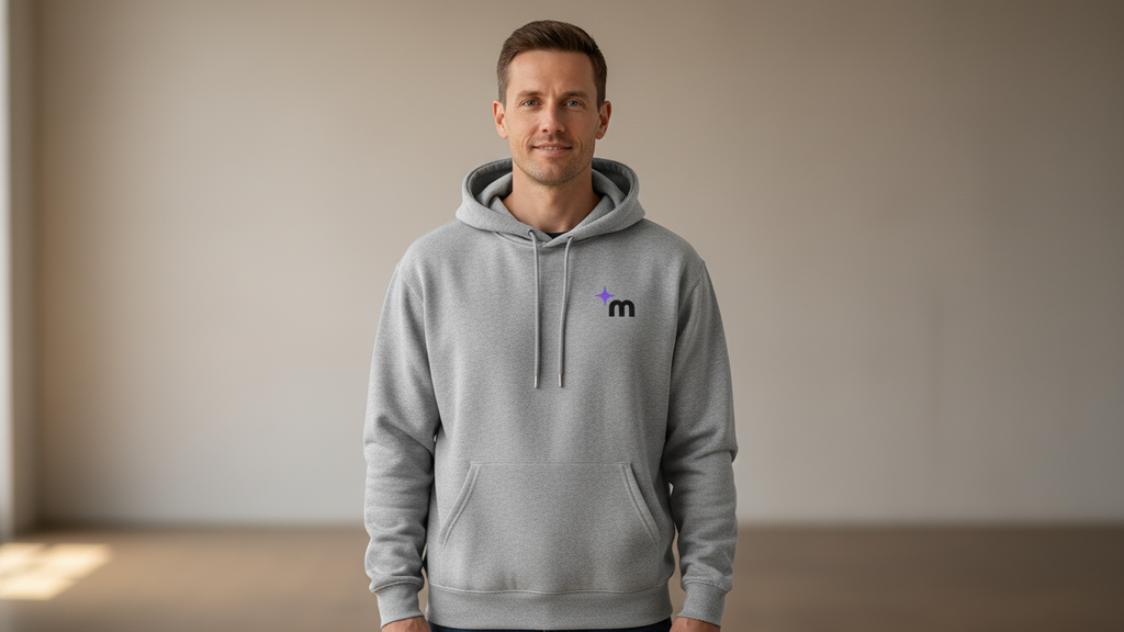 Moontask logo hoodie | Grey pullover sweatshirt, small chest emblem, back text design