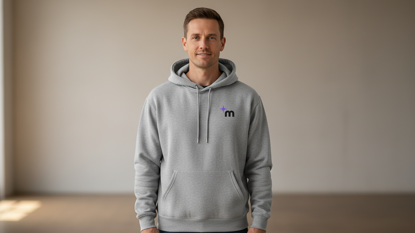 Moontask logo hoodie | Grey pullover sweatshirt, small chest emblem, back text design